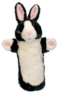 black and white rabbit hand puppet